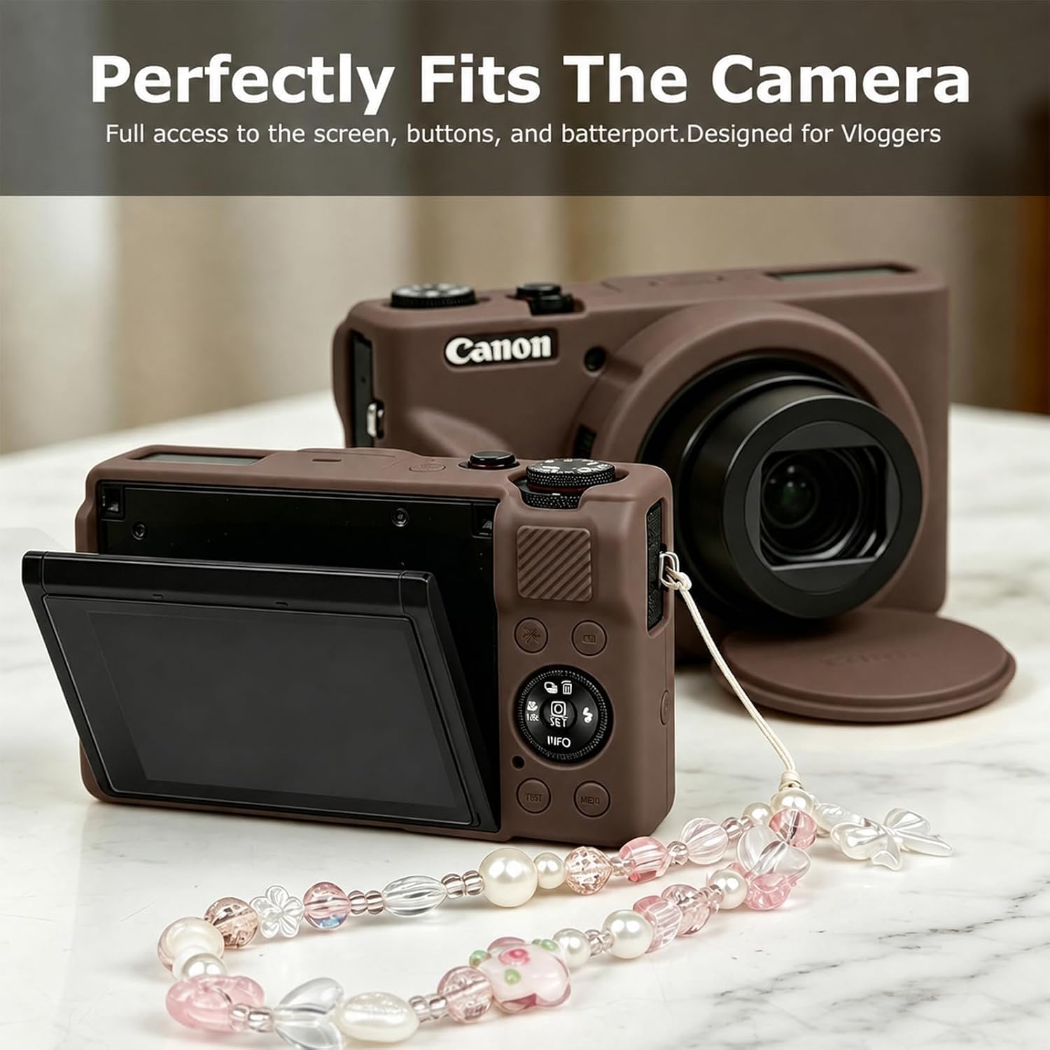Silicone Case for Canon PowerShot G7X Mark III, Anti-Slip Rubber Skin with 2 Screen Protectors & 2 Straps (Lanyard, Chain), Vlogging Accessories Kit for G7 X mk iii (Brown)