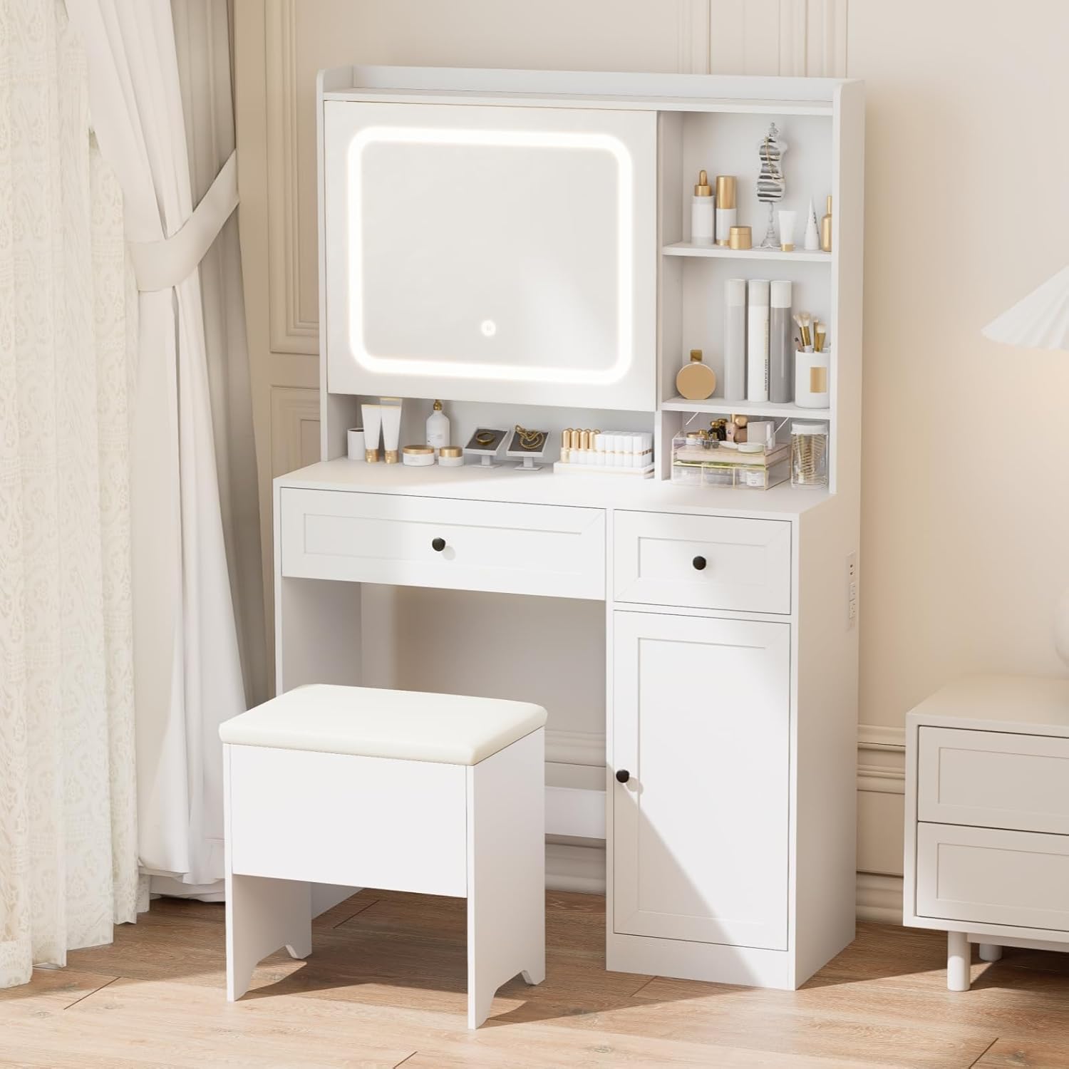 Vanity Table with Hidden Storage & LED Mirror - Includes Padded Stool, 5 Compartments, 2 Drawers & 1 Storage Cabinet - Ideal Bedroom Makeup Dressing Table White