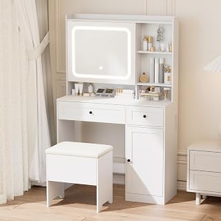 Vanity Table with Hidden Storage & LED Mirror - Includes Padded Stool, 5 Compartments, 2 Drawers & 1 Storage Cabinet - Ideal Bedroom Makeup Dressing Table White - Amazon product rated Grade B