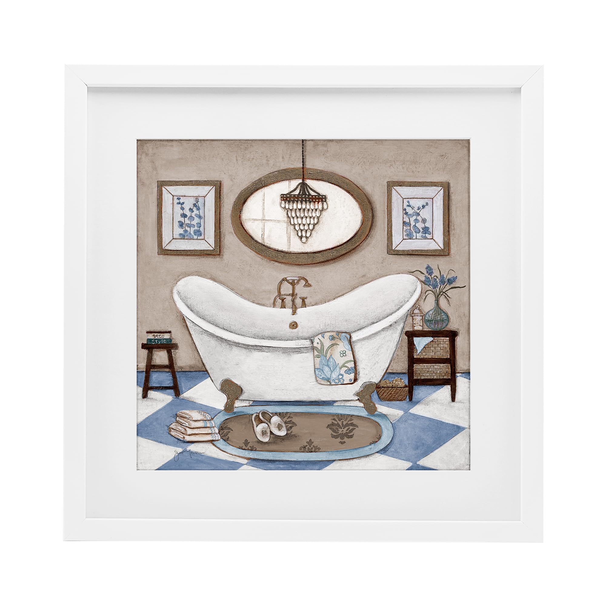 Stupell Industries Coastal White (Textured) 'Checkered Relaxing Bathtub'| Framed Print Under Glass