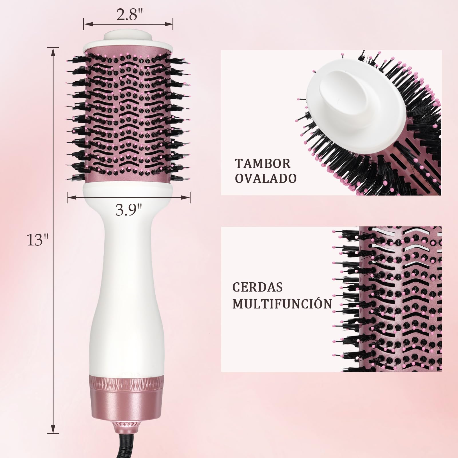 Cepillo Secador Alisar Rizar con Iones Negativos 1200W | Cepillo secador de pelo con voltaje universal, cable trasero giratorio 360°, apto para cabello medio y largo
