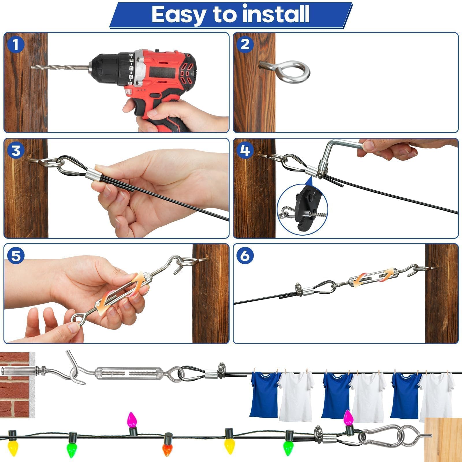 TooTaci Kit de Cable de Acero Inoxidable Negro de 3mm y 60M Revestido en Vinilo – Con Tensores M5 para Luces Colgantes, Tendedero, Enrejado de Jardín y Cortinas