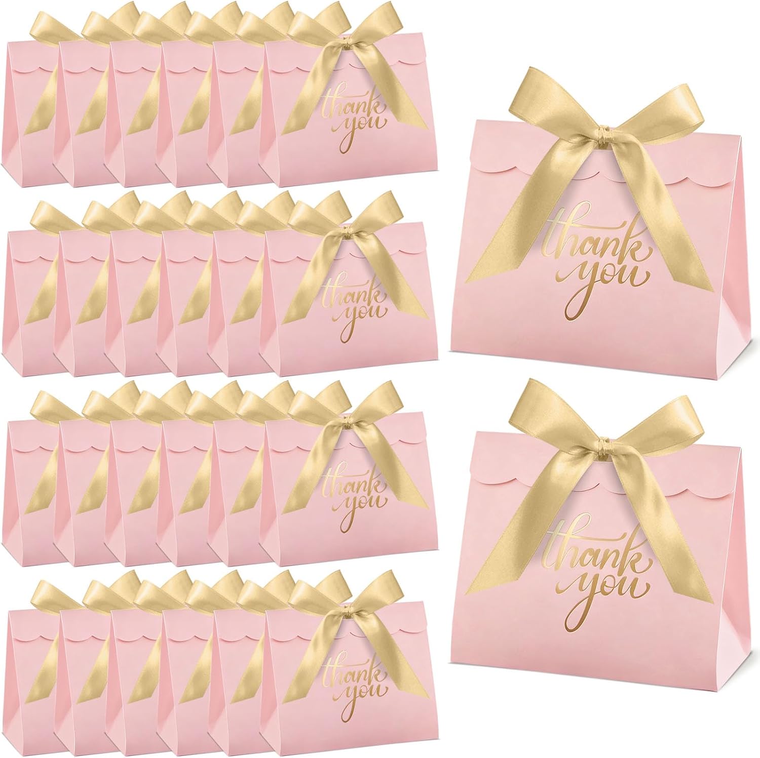 CINSOEN 24 PCS Small Thank You Gift Bags, 4.7x4.1x2.5 Inches Mini Baby Shower Favors Pink Party Favor Bags with Gold Ribbon Candy Gift Boxes for Valentine Wedding Bridal Birthday Party Classroom School