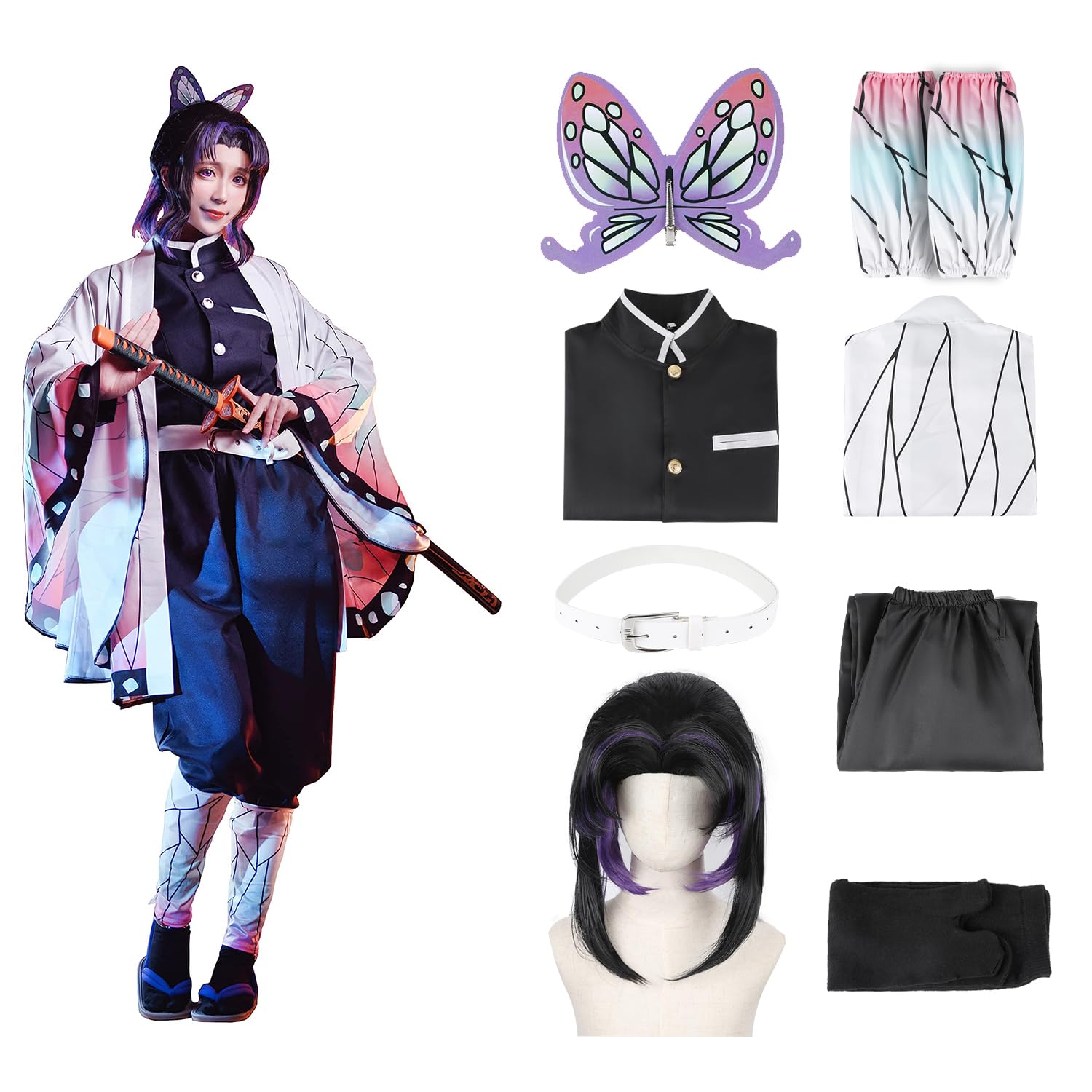 JYakeji 8 piezas de anime japonés Demon Slayer Cosplay: Kochou Shinobu Cosplay disfraz kimono set con peluca, adecuado para cosplay