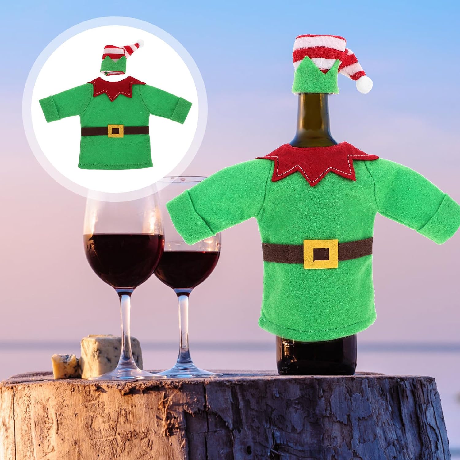 Xmas Bottle Coat Hat Wine Accessory Set, Green Non-woven Fabric