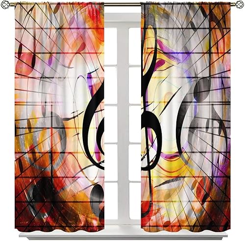 Miniatura 8 de Cortinas de notas musicales, rústicas, mágicas, notas musicales, arte retro, piano y violín, cortina con bolsillo para barra para dormitorio, sala