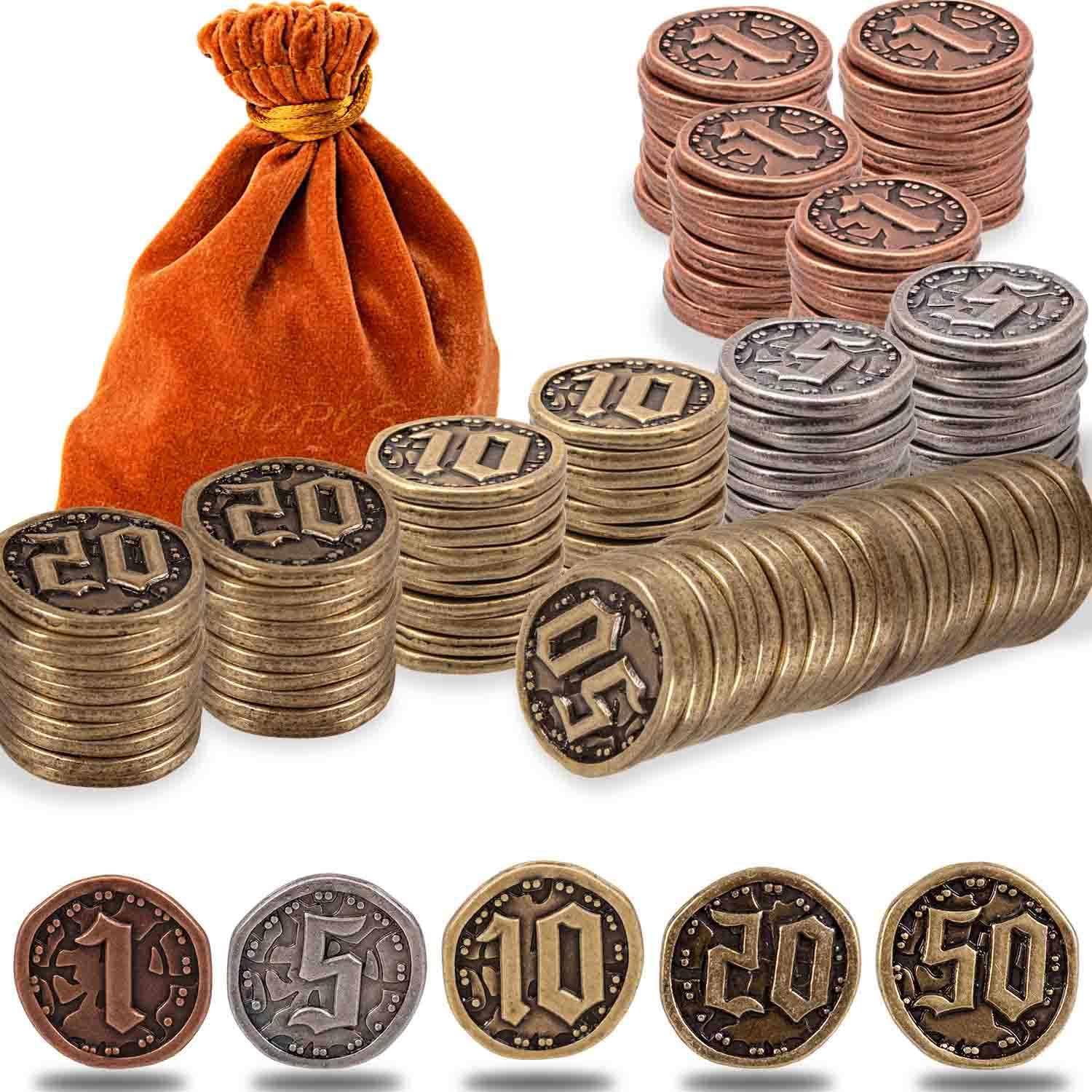 Lot de 90 pièces en métal pour jeux de société, jetons de jeu, pièces d'or pour DND, RPG, jeux de stratégie, poker, monnaie de jeu générique robuste (ensemble mixte multinomination)