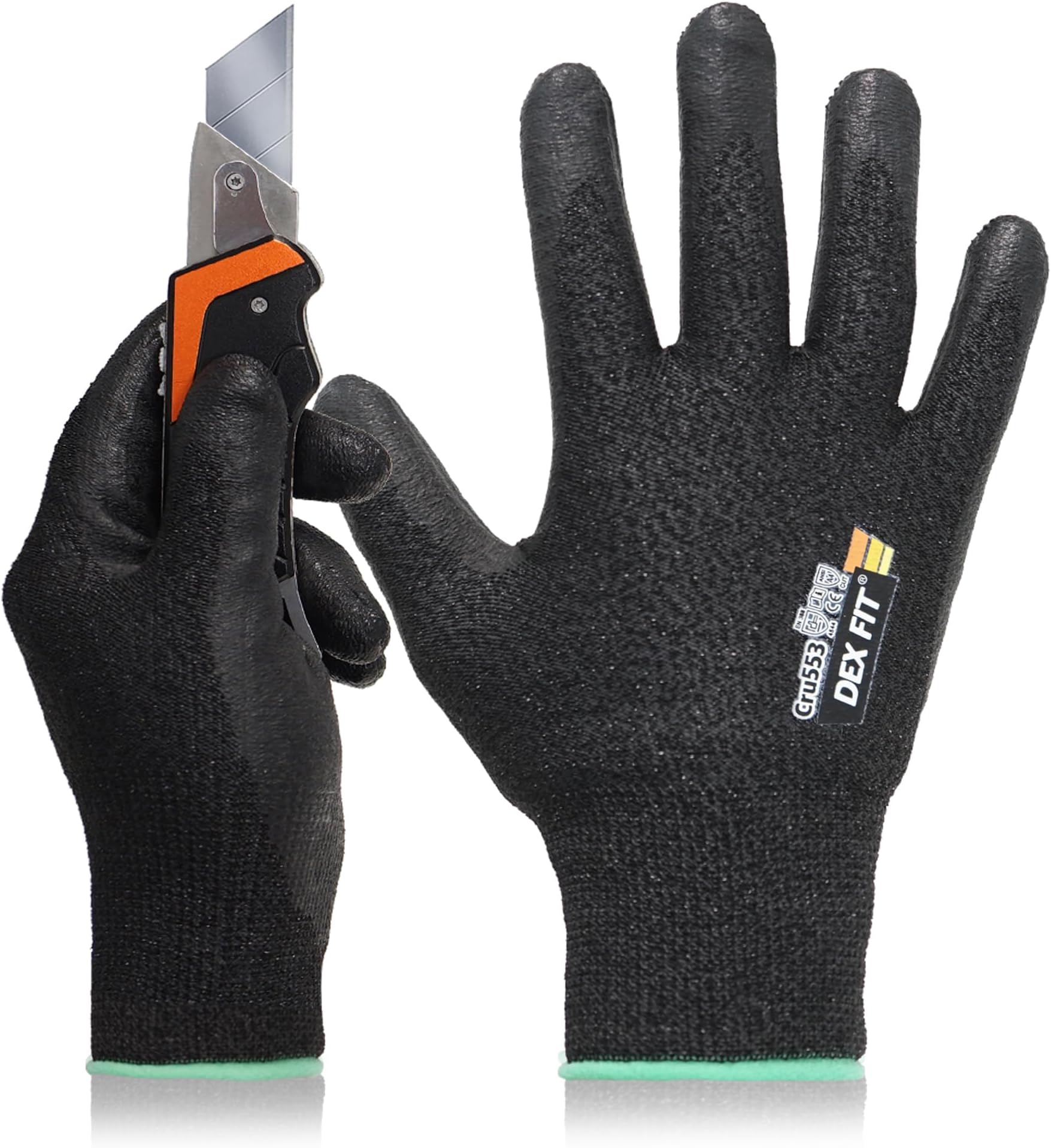 DEX FITLevel 5 Cut Resistant Gloves Cru553 Prime, 3D Comfort Stretch Fit, Power Grip, Durable Foam Nitrile, Smart Touch, Washable, Thin & Lightweight, Black 9 (L) 1 Pair