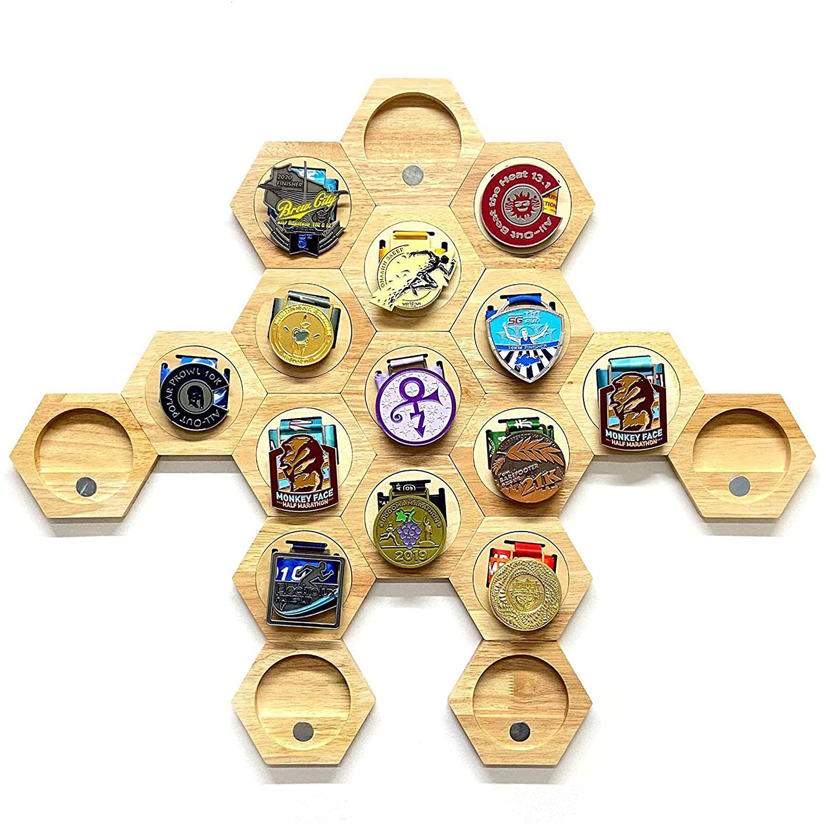 Hexagonal Medal Display Frame 24Pcs/Set Wood Medal Hanger Display Box Punch-Free Creative Stitching Sports Medal Holder, for Military/War/Sports Medal,18PCS