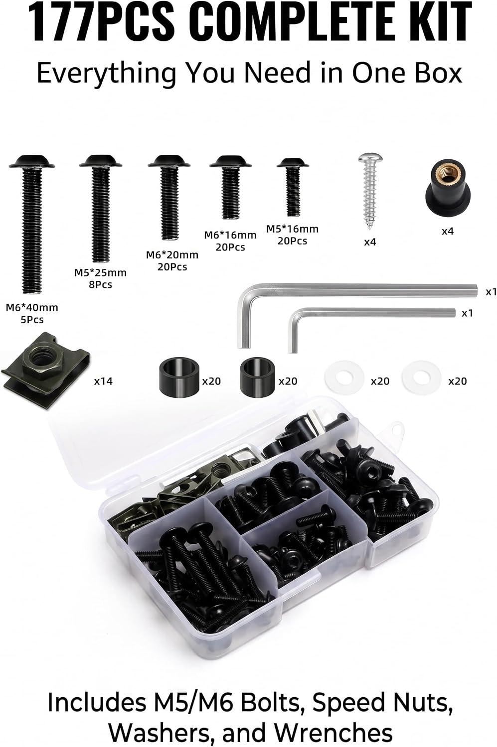177 PCS Motorcycle Fairing Bolt Kit, Stainless Steel M5 M6 Windscreen Screws Fastener Clips, Universal Fit for Sportbike, Motorcycle, Bicycle (Black)