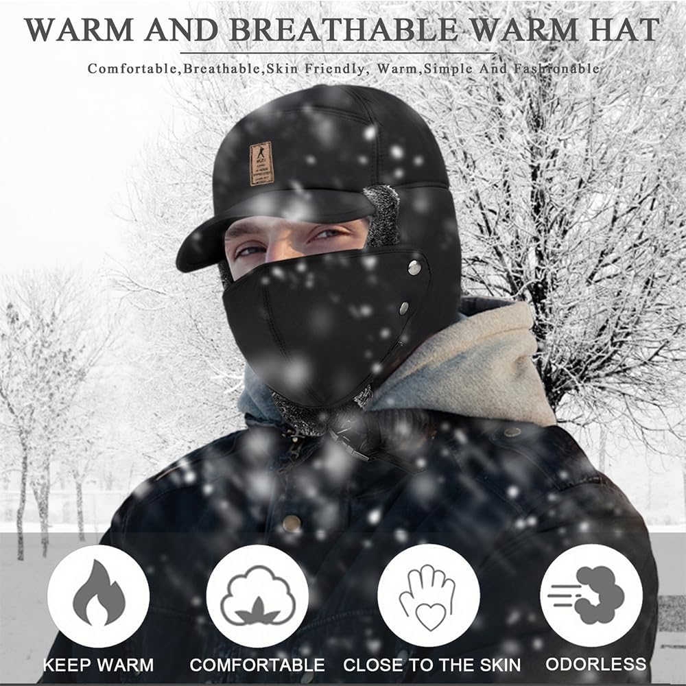 3 in 1 Men's Trapper Hat with Ear Flaps ，Winter Warm Hat Full Face Neck Warmer All-Around Windproof Warm Insulated Winter