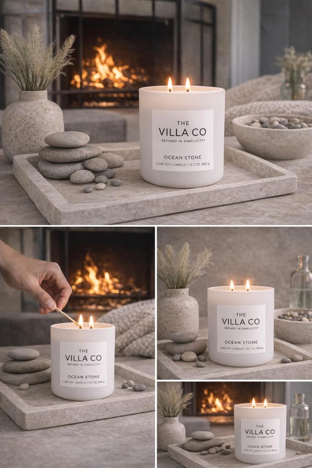 Ocean Stone | Scented Candle for Women & Men | Hand-Poured, Aromatic & Fragrant | 60 Hour Burn Time 12.7 OZ | Soy Based | Phthalate Free | Made in USA | Sea Salt Rosewood Santal