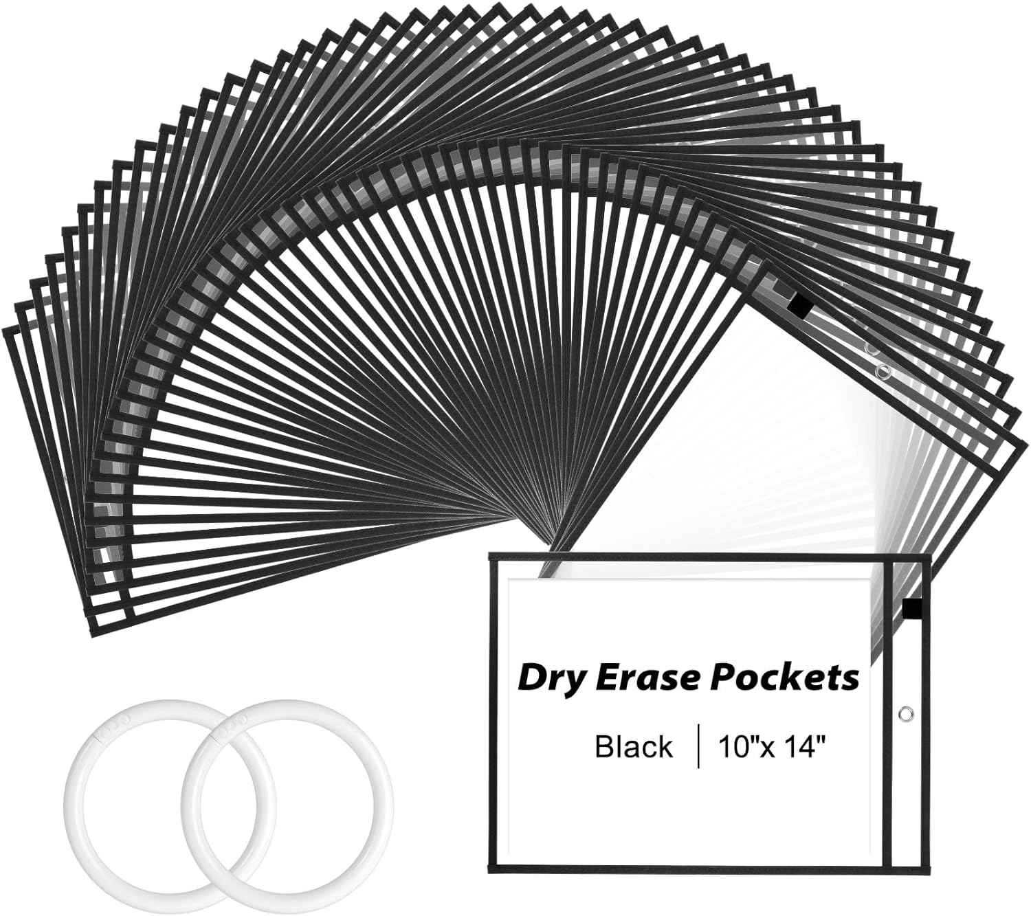 30 Packs Dry Erase Pocket Sleeves with 2-Ring, Reusable Clear Plastic Classroom Sleeves, 10x14 Inch Ticket Holders, for School/Office Organization, Black