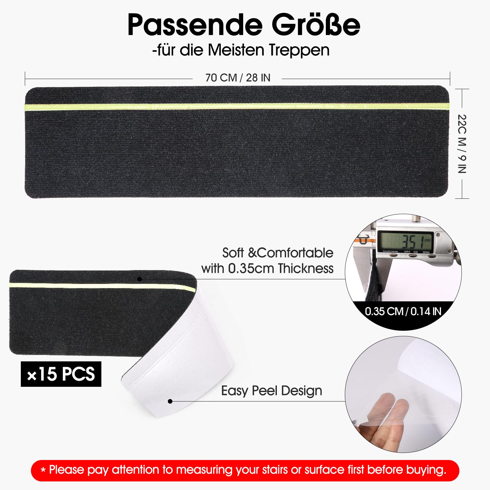 DEKEones 15 Stück Treppenmatten mit Glow in Dark Streifen, 76x20cm Treppenmatten Selbstklebend für Holztreppen, 100% Polyester TPE Rückseite Treppenteppich für Kinder, Ältere und Haustiere（schwarz）