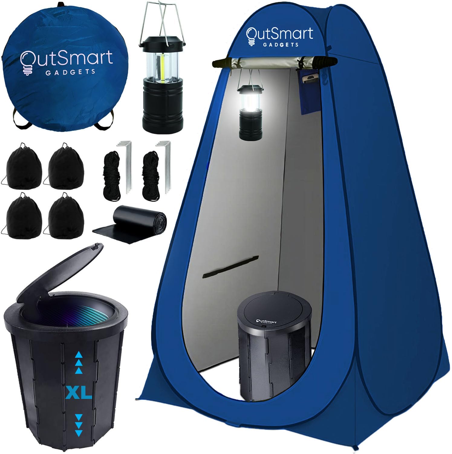 Outsmart Gadgets Outdoor Portable Toilet Set for Adults with Camping Night Lantern, Folding XL Toilet, Pop Up Privacy Tent and Carry Bags,