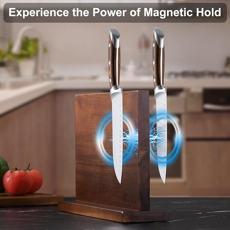 Magnetic Knife Holder - KUCHEASY Double Sided Magnetic Knife Block Without Knives - Wooden Universal Knife Stand Strong Enhanced Magnets -Knife Display Rack for Kitchen Counter Multifunctional Storage Wooden Magnetic Knife Holder