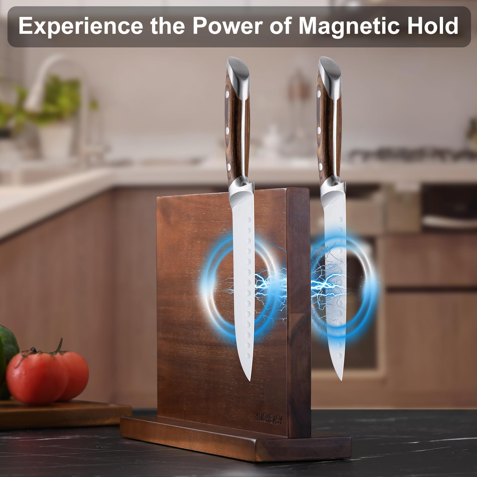 Portacoltelli magnetico a doppia faccia senza coltelli, supporto universale in legno, espositore per coltelli per bancone della cucina, multifunzione