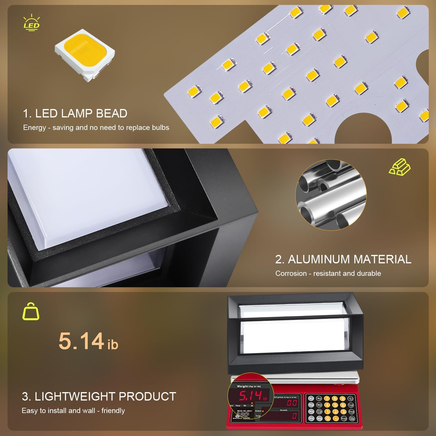 Diagram illustrating the tilted frame design of the outdoor wall light, showing how water drains effectively to prevent ponding and potential malfunction.