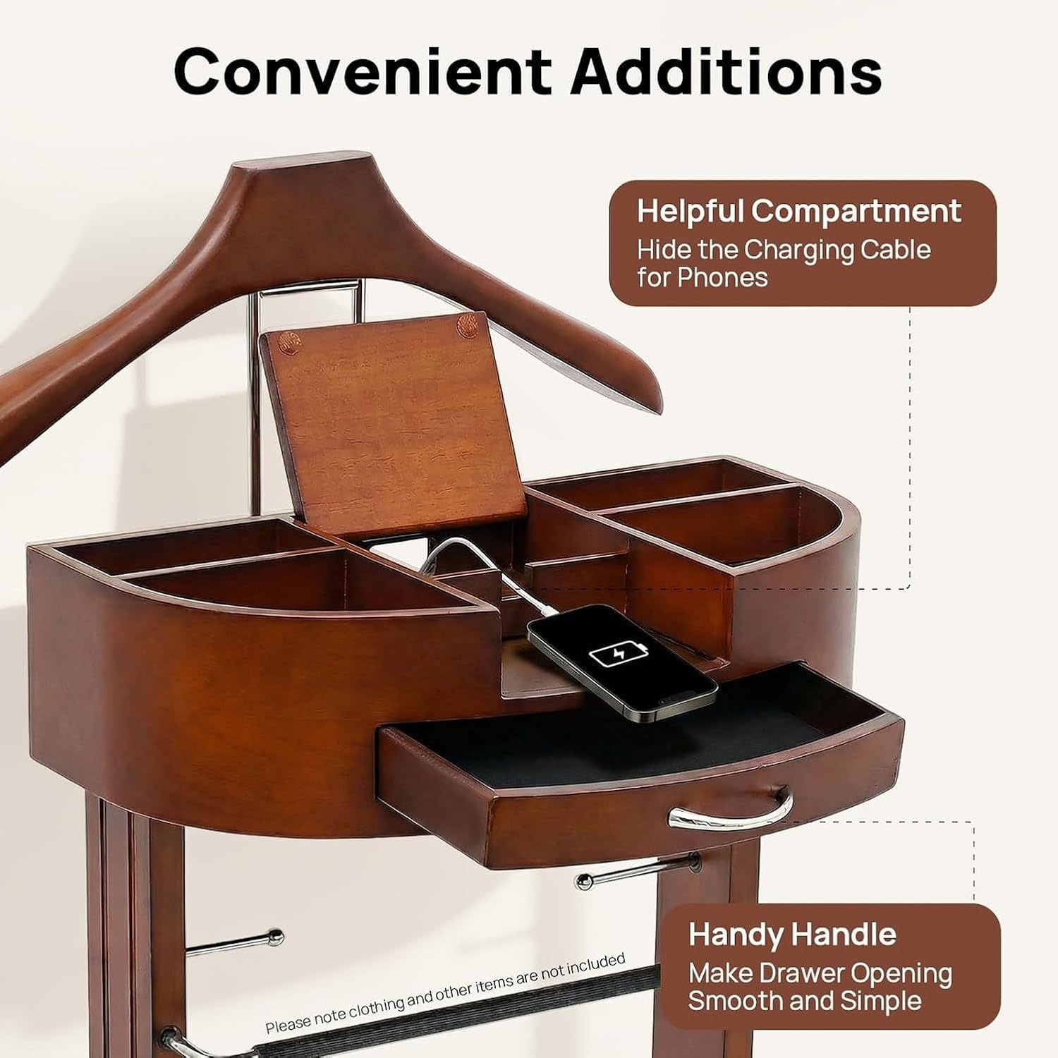 Wooden Suit Valet Stand for Men, Floor Standing Suit Rack with Removable Tray and Drawer Storage, Brown Clothes Butler Organizer with Shoe Shelf for Living Room