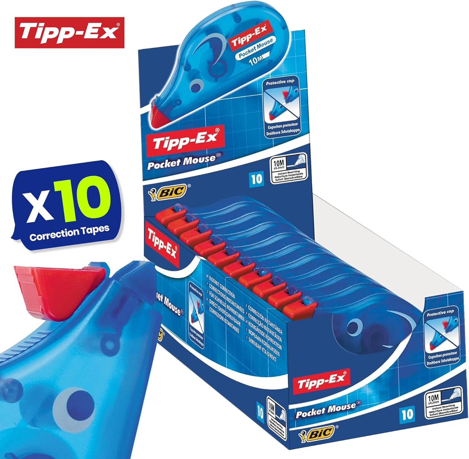 BIC Cristal Original Ballpoint Pens, Fine Point 1.0mm, Assorted Colours, Pack of 10 & BIC Tipp-Ex Pocket Mouse Correction Tapes, 100m, Tear-Resistant, Pack of 10 Perfect for School & Office