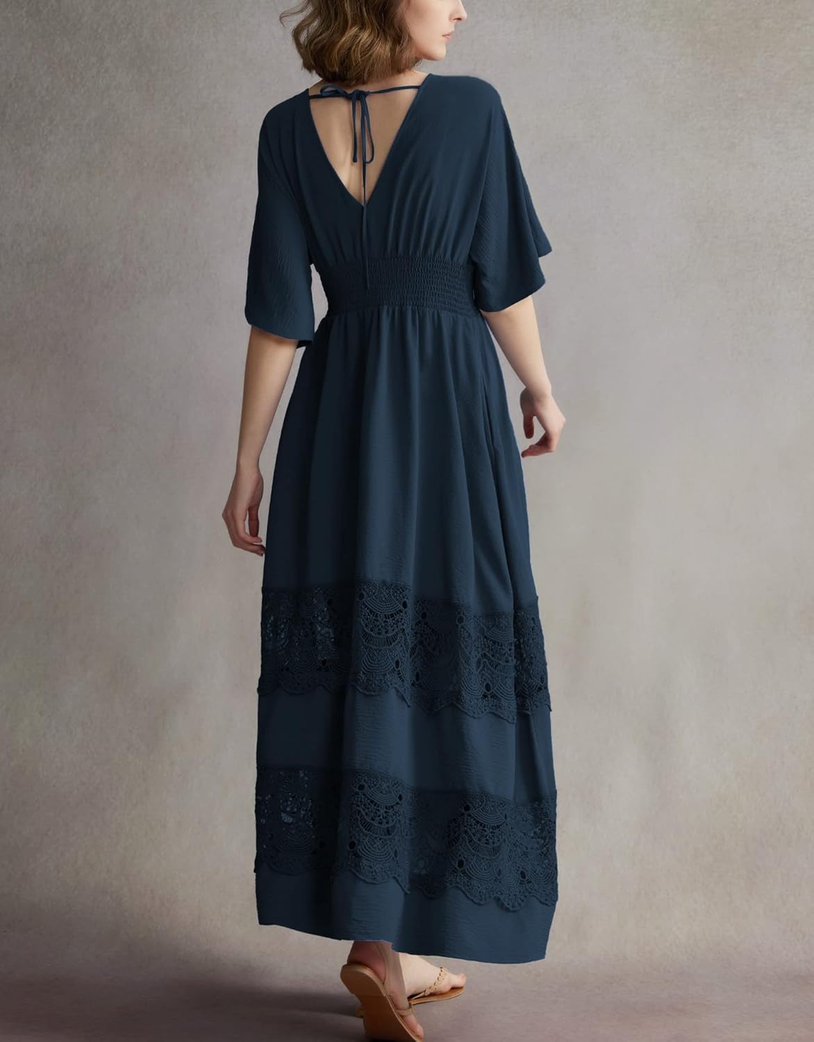 Women's Boho Maxi Dress Short Sleeve V Neck Long Flowy Dresses Smocked Waist Lace Wedding Guest Dress with Pockets - Image 7