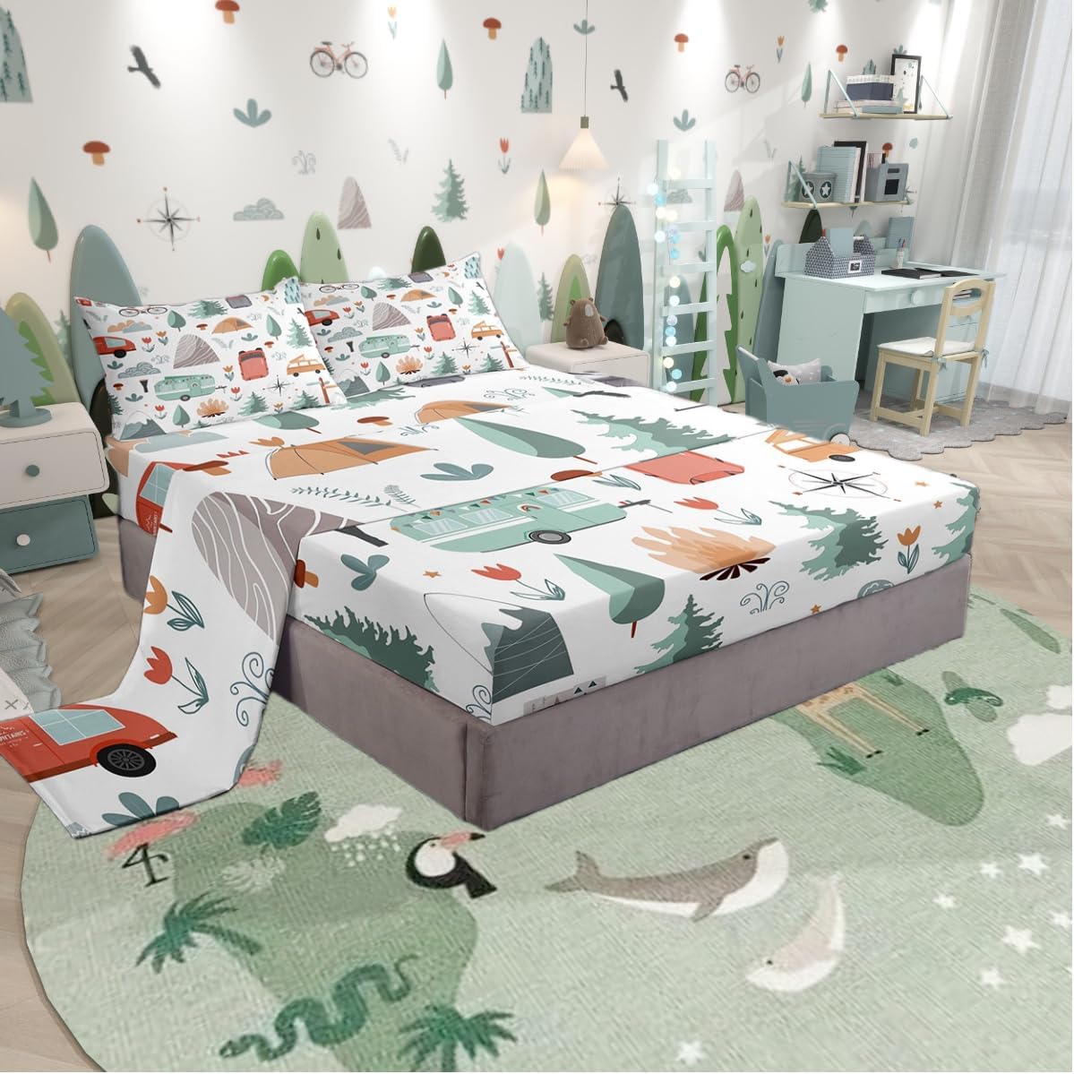Kids Camper Theme Bed Sheets Set Twin 3Pcs, Happy Camping Bedding Set, Travel Car Rv Accessories Sheets, Botanical Flowers Mountain Adventure Top Sheet, Cute Camper Flat Fitted Sheet Bedroom Decor