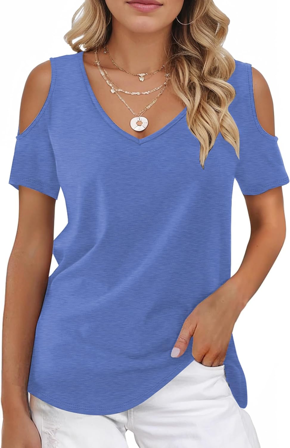 Buauty Womens Summer Trendy Shirts V Neck Criss Cross Cold Shoulder Tops Solid Color Fashion Casual Loose Sexy Blouse