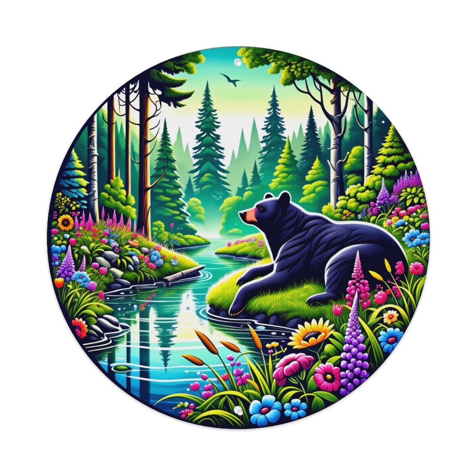 Bear Forest Stream Flowers Trees Metal Tin Sign Plaque