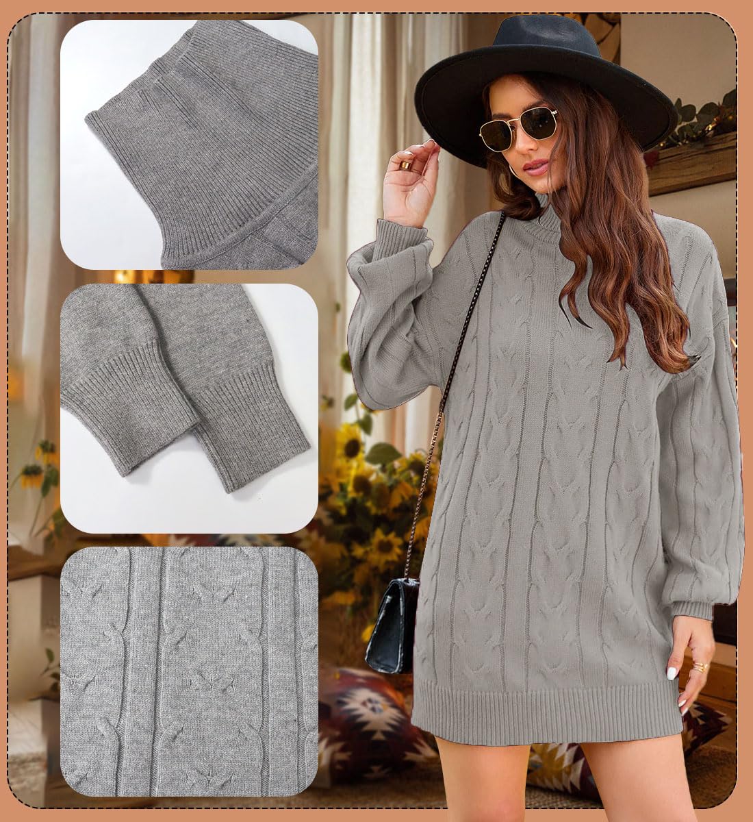 JFAN Vestito Invernale Donna Elegante Collo Alto Abito Lavorato a Maglia Vestiti Maglioni Girocollo Casual Trapezio Abito