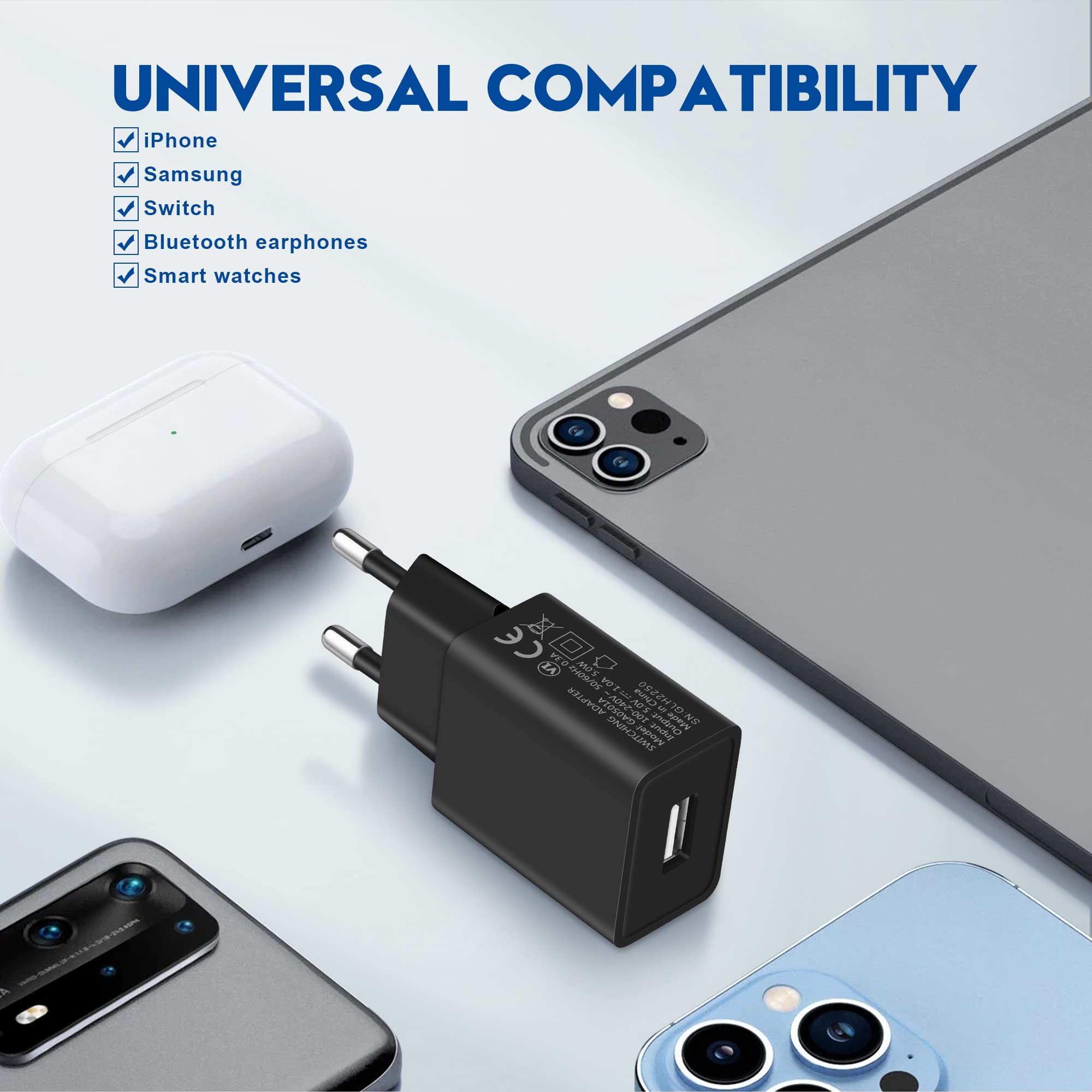 MatauMahi Caricatore USB 5V1A (Nero, Confezione da 2), Presa USB da 5W, Alimentatore USB, Spina Adattatore, Caricabatterie per Telefoni Cellulari, Tablet, Powerbank, Cuffie Bluetooth e Altro Ancora