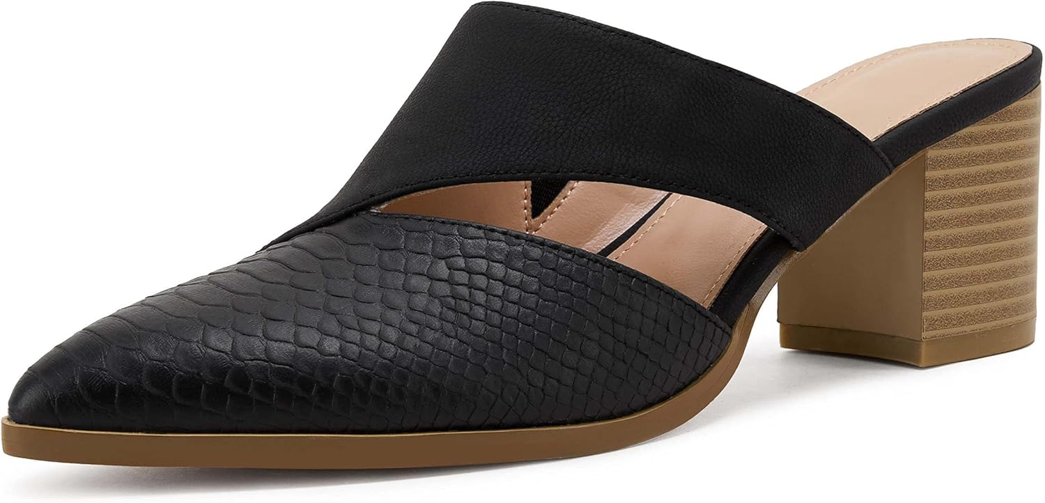 Syktkmx Women's Cutout Backless Mules Slip On Closed Toe Chunky Stacked Heeled Sandals