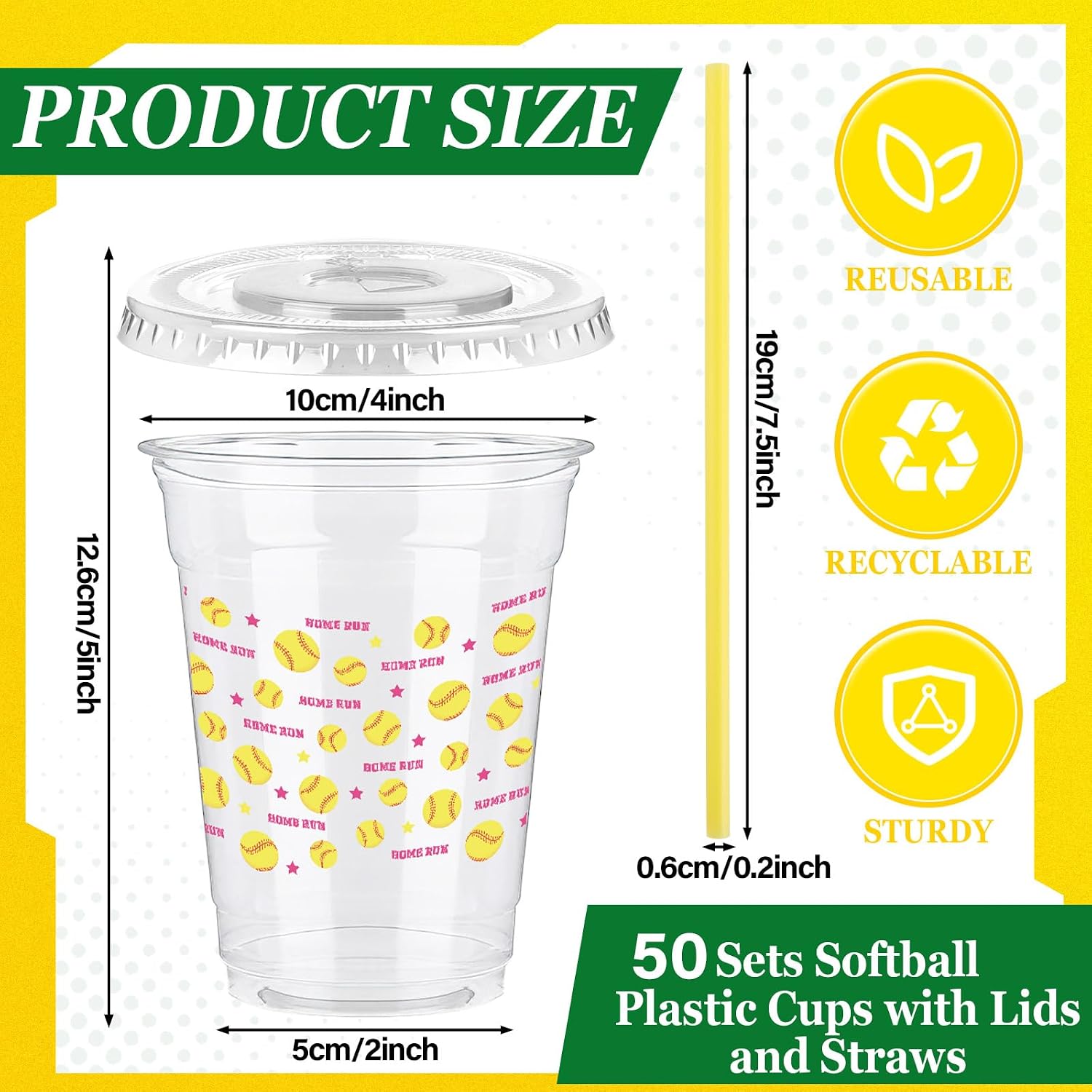 50 Sets 12oz Ball Game Softball Plastic Cups with Lids and Straws Clear Disposable Plastic Drinking Cups for Juice Water Coffee Stadium Sports Competition Party Sports Athlete Birthday Party(Softball)
