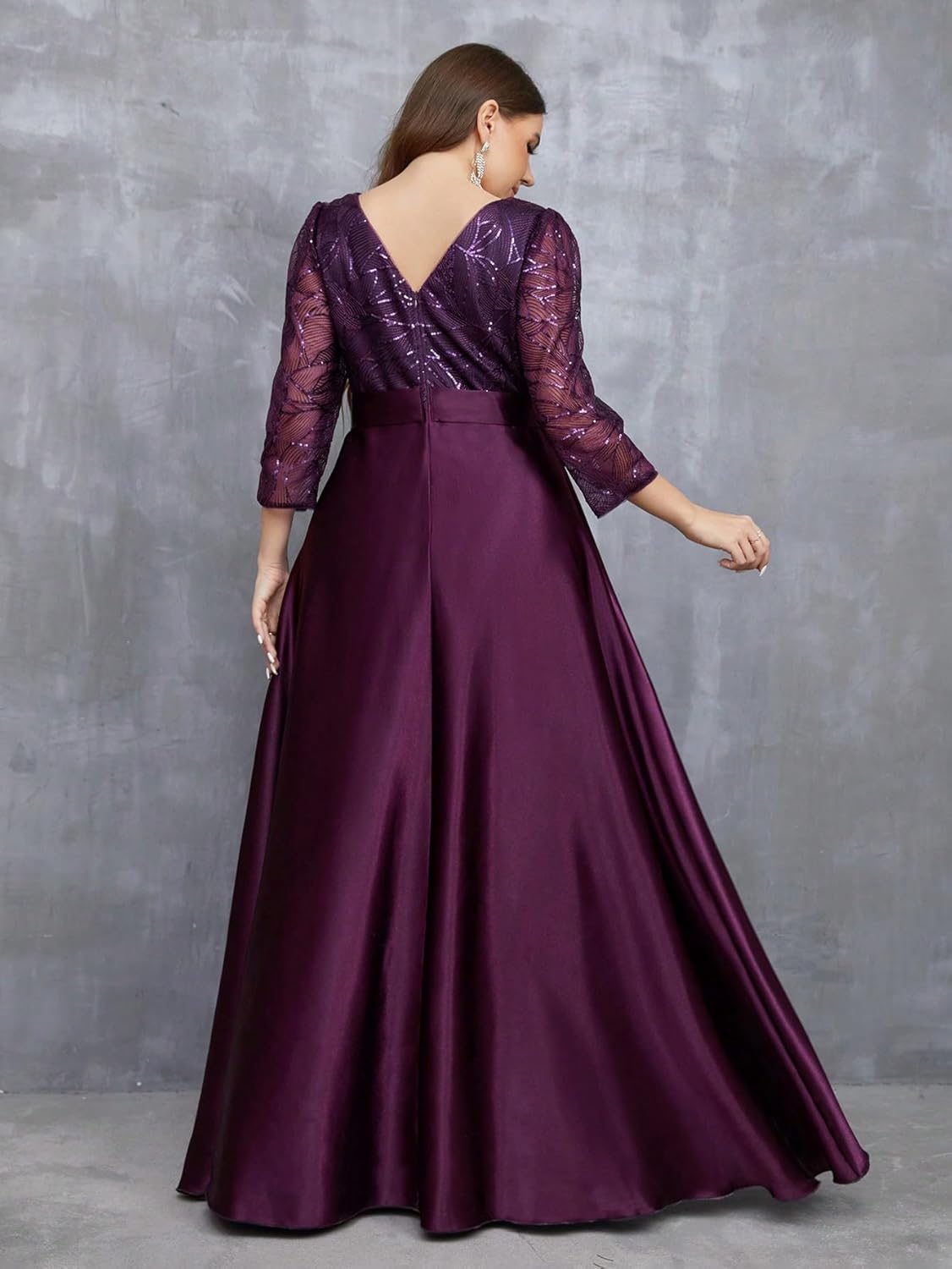Women's Plus Size Sequin Embellished with Satin A-line Hem 3/4 Sleeves Formal Evening Gown Maxi Long Dress - Image 2