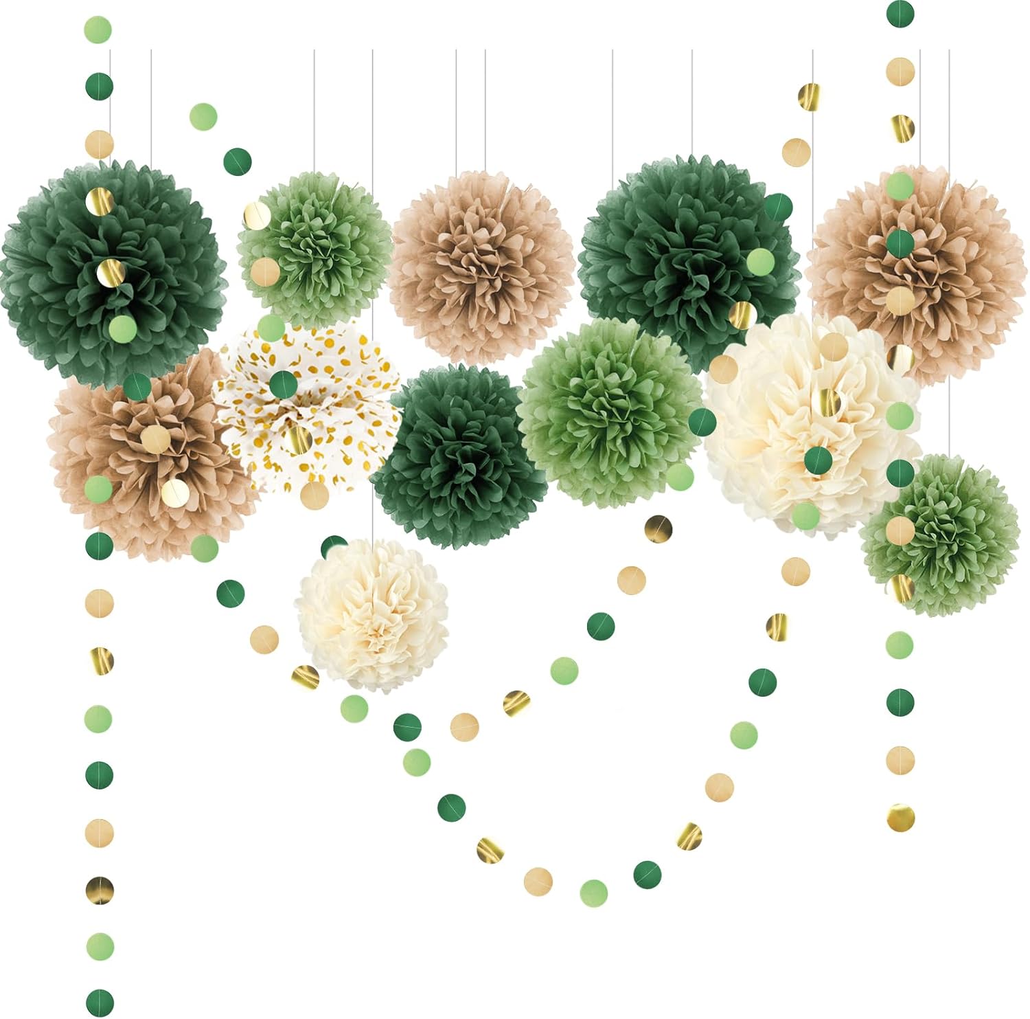 AOBKIAT Wedding Party Decorations Set,15PCS Green Tissue Paper Pom Poms,Dots Paper Garland String Hanging Backdrop for Engagement,Green Boho Wedding,Baby Shower