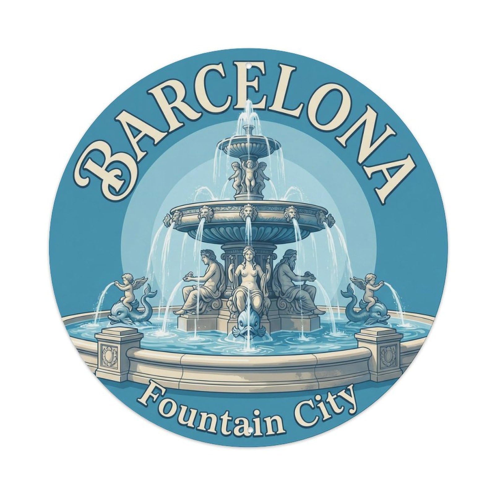 Catalan Barcelona Fountain Landmark Vintage Architecture Metal Tin Sign Plaque Wall Decor for Cafe, Man Cave, Club Bar, Office, Home Garden Round Metal Poster 8x8Inch
