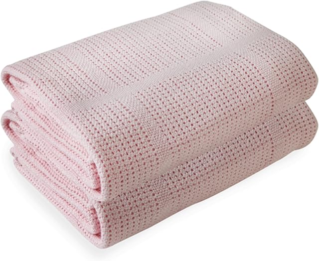 Clair de Lune | Warm & Cosy Cellular Baby Blanket | TWIN PACK | Extra Soft Breathable Cotton, Pram/Travel/Moses Basket (90 x 70 cm) Pink
