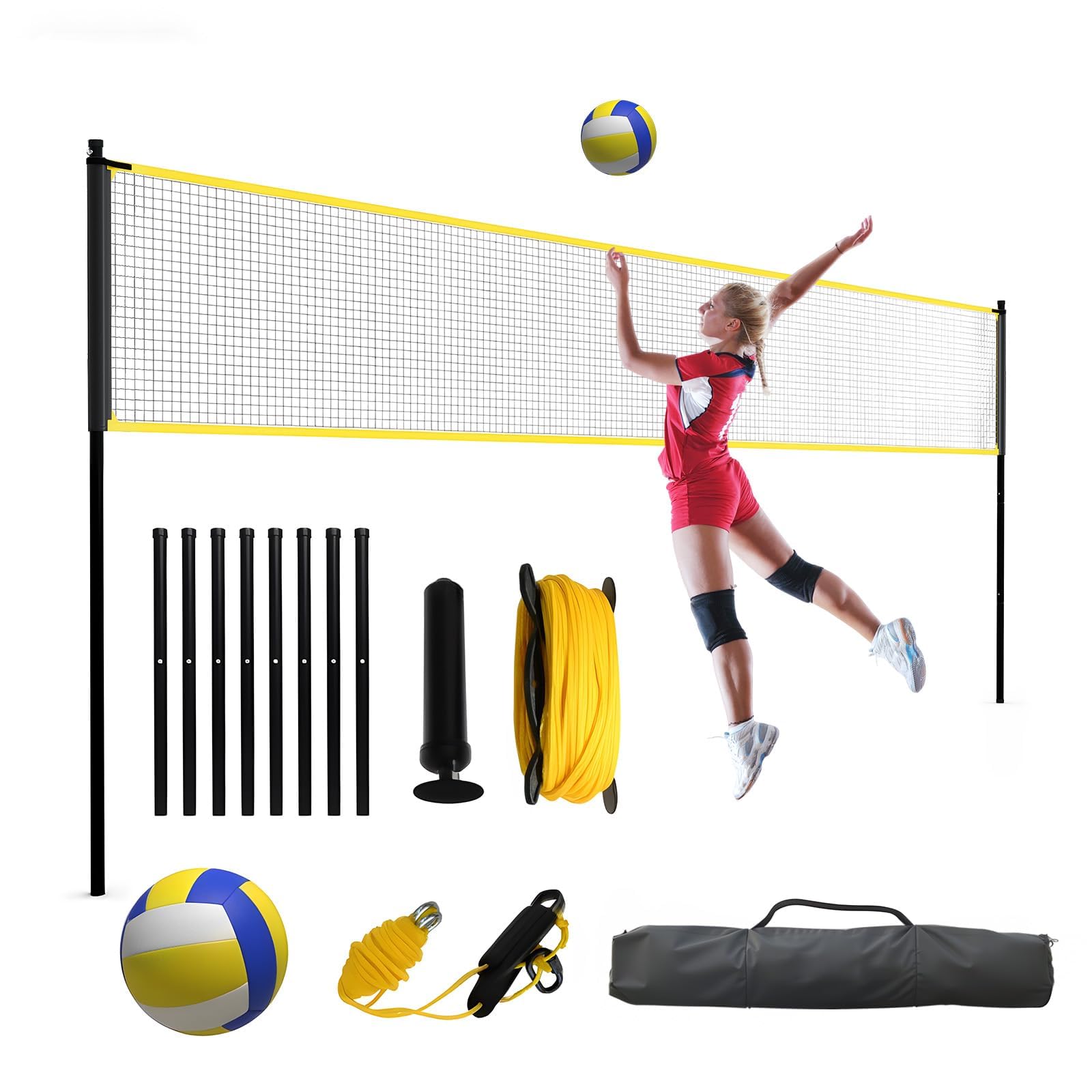 Ensemble de Filet de Volleyball réglable,9,75 m x 2,43 m,Filet de Volleyball Exterieur avec Ballon, Pompe, Cordes et Sac de Transport,pour la Plage, Le Parc, Le Camping et Le Jardin.