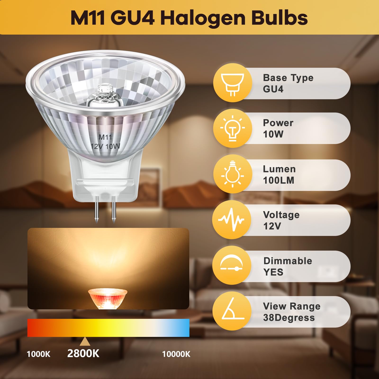 MR11 GU4 żarówka reflektorowa 12 V 10 W, 35 mm x 35 mm, ściemniana lampa, ciepła biel 2800 K, 100 lm, podstawa dwubiegunowa GU4, kąt świecenia 38°, do oświetlenia korytarza