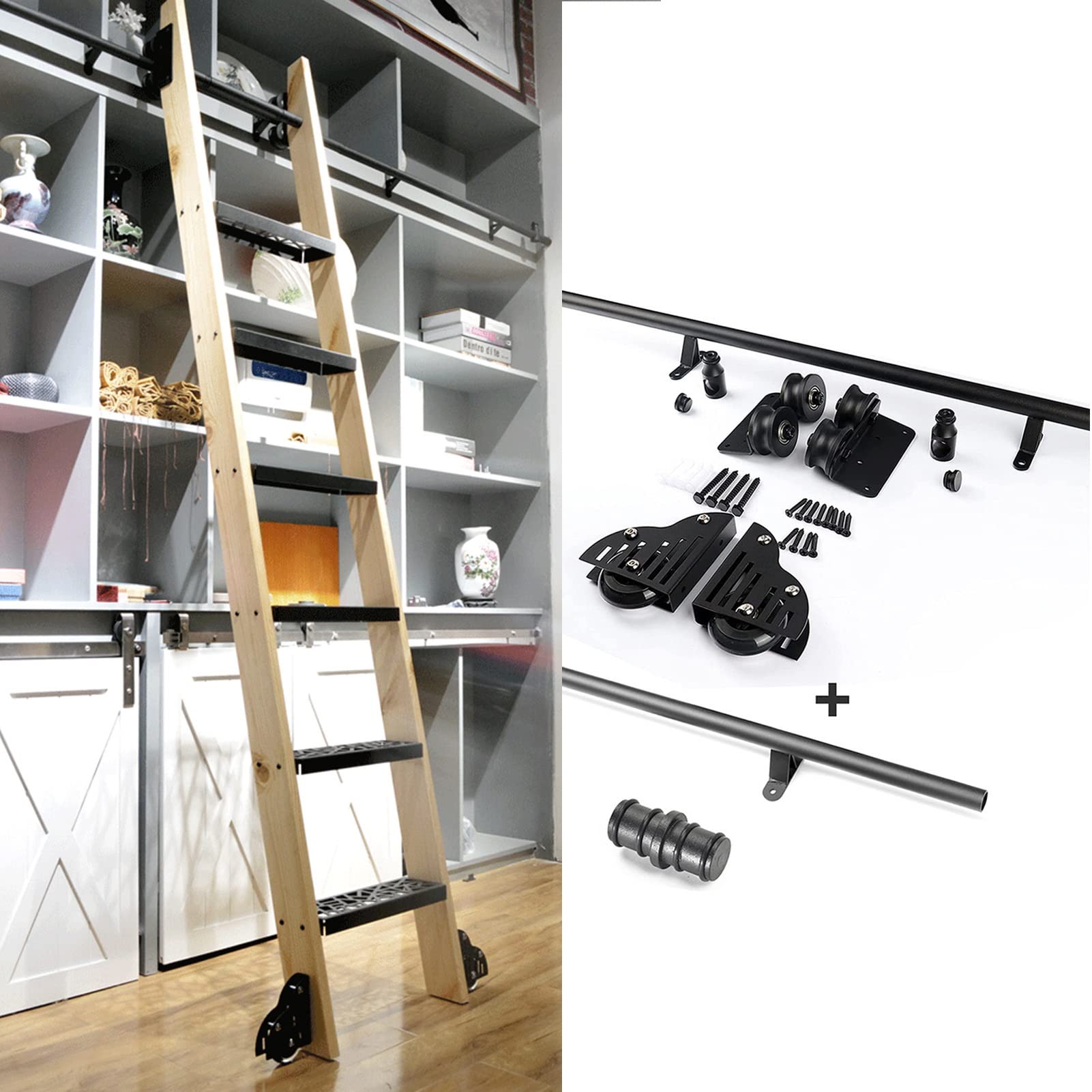 Kit rail coulissant noir avec roulettes au sol pour échelle mobile