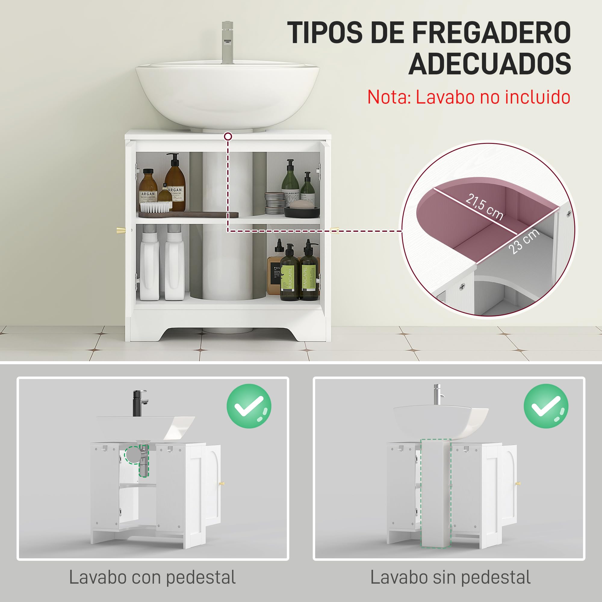 HOMCOM Mueble bajo Lavabo Mueble de Baño con 2 Puertas con Diseño de Arco Estante Ajustable Tiradores Dorados para Lavabo con o sin Pedestal 60x30x65 cm Blanco