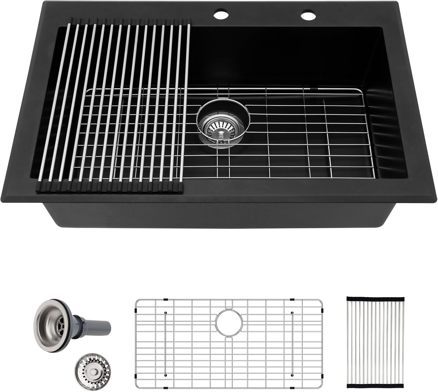 Sarlai 33 Granite Composite Kitchen Sink - 33"×22" Granite Kitchen Sink Drop In Topmount Matte Black Quartz Classic Above Counter Single Bowl Basin