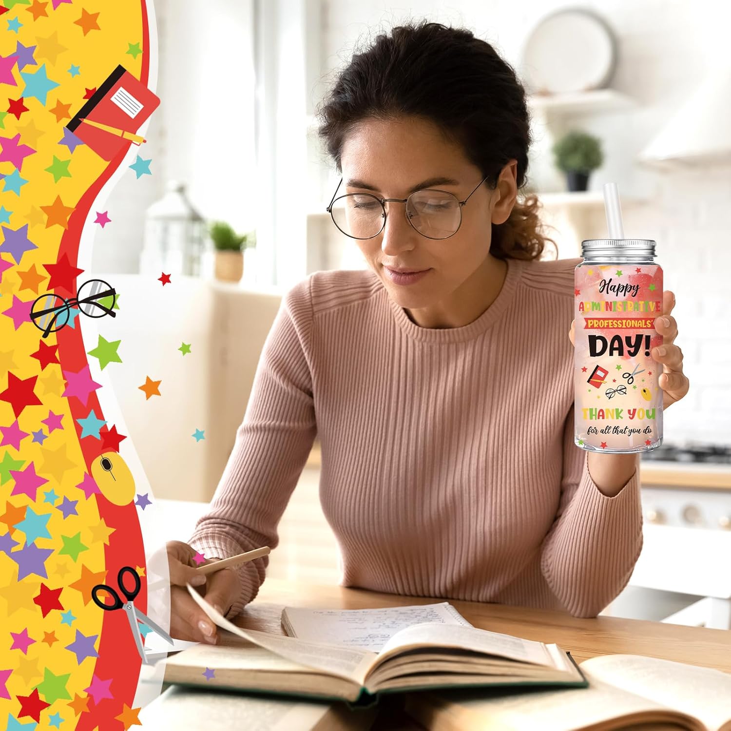 Skylety 24 Pcs Happy Administrative Professional Day Gifts Bulk 14 oz Administrative Professionals Plastic Cup Thank You Tumbler with Lids and Straw Party Favors for Secretary Staff Coworker Employee