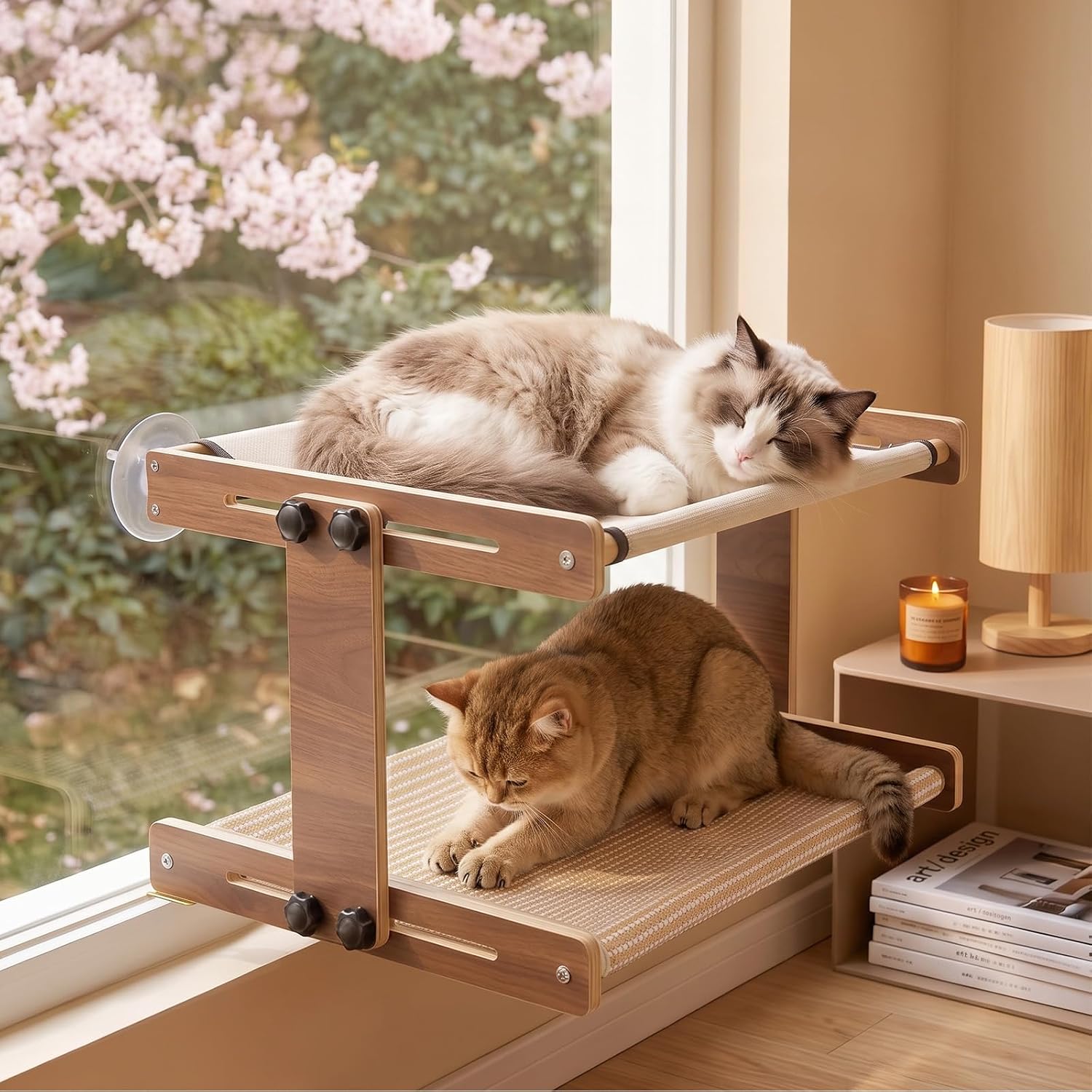 Marchul Double Decker Cat Window Perch, 2-Tier Window Mount Hammock with Removable Sisal Surface, Sturdy Wood Frame Suction Cup Bed for Multi-Cat