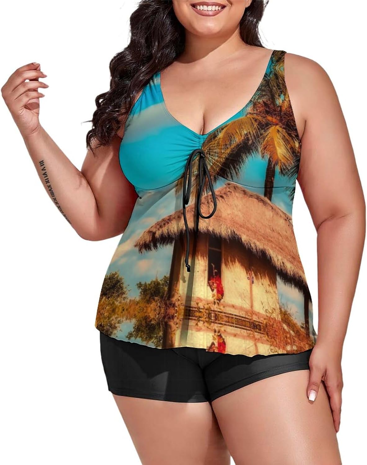Womens Plus Size Tankini Swimsuits with Shorts Nautical Lighthouse Two Piece Bathing Suit Swimwear Tummy Control