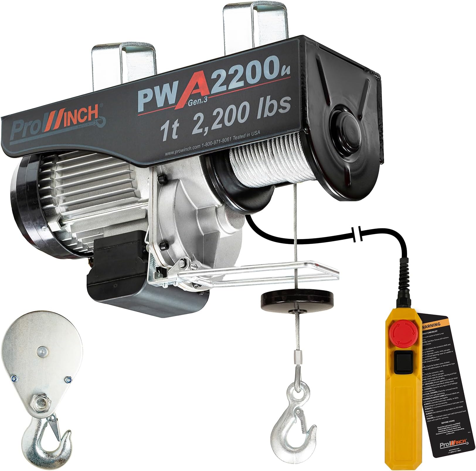 Electric Hoist, 110V/120V, 2200lbs Lifting Capacity, 38ft Lifting Height, Wired Remote Control, Upper & Lower Limit Switches for Home Improvement, Warehouse Clearance, Garage Hoist System