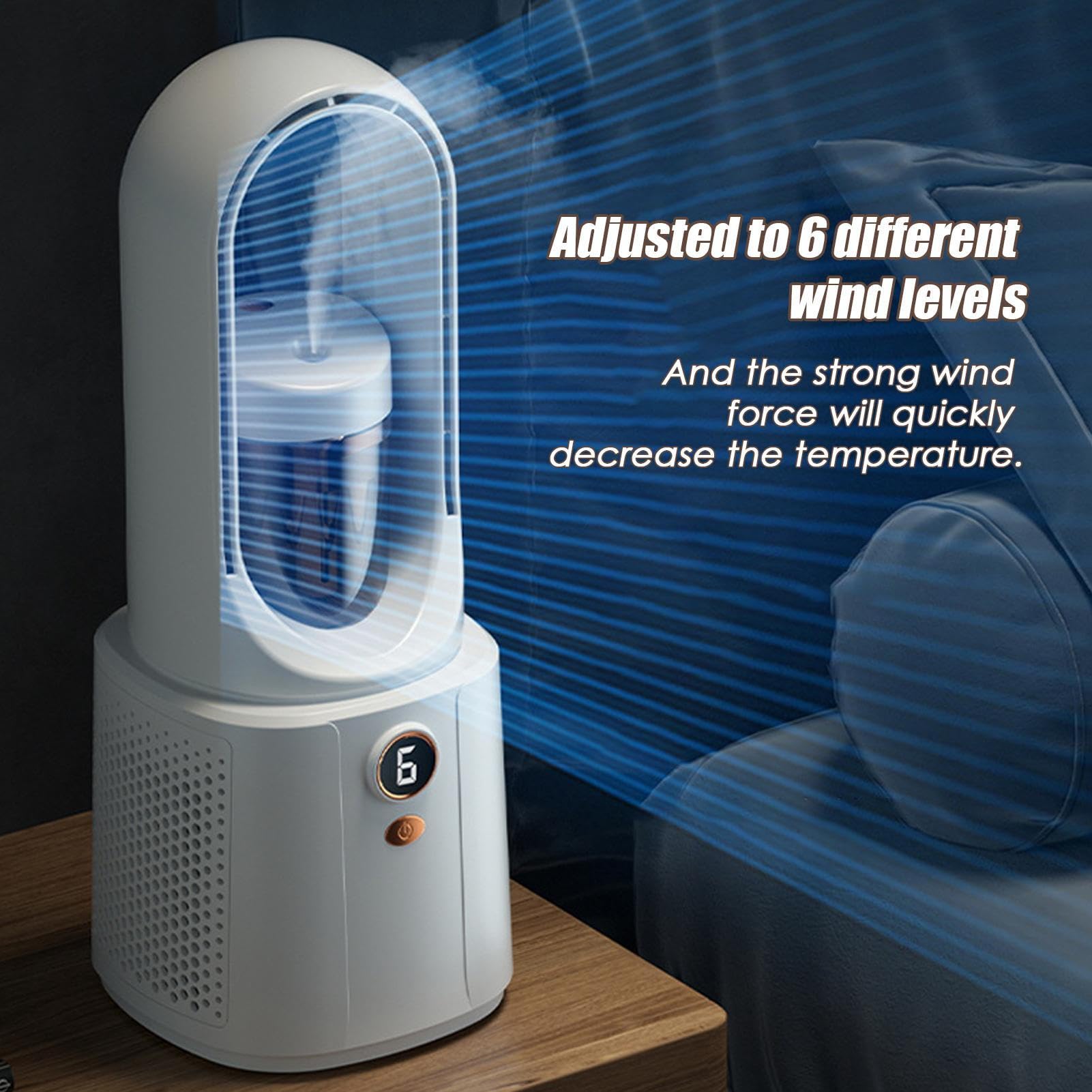 Ventilateur Bureau, Ventilateur Portable Sans Pale Avec Brume Et Lumières Ambiantes, USB Rafraichisseur D'air Silencieux Chambre, 6 Vitesses