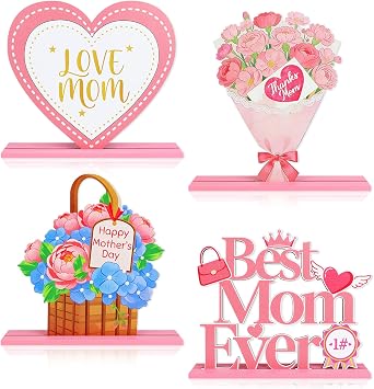 Fangoo 4 Pcs Mothers Day Table Centerpieces Decorations Wooden Happy Mothers Day Table Topper Sign Moms Birthday Party Gift Home Decor Photo Props Best Mom Ever Detachable Decoration