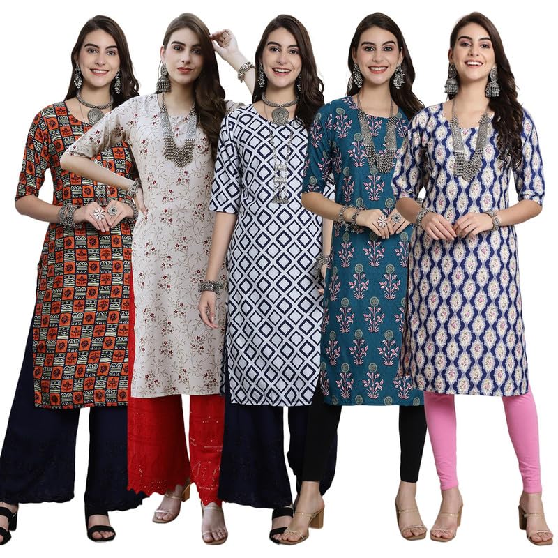 Pinkmint Crepe Printed Kurti For Womens College Wear Kurti Festival Wear Kurti For Women (Pack Of 5)