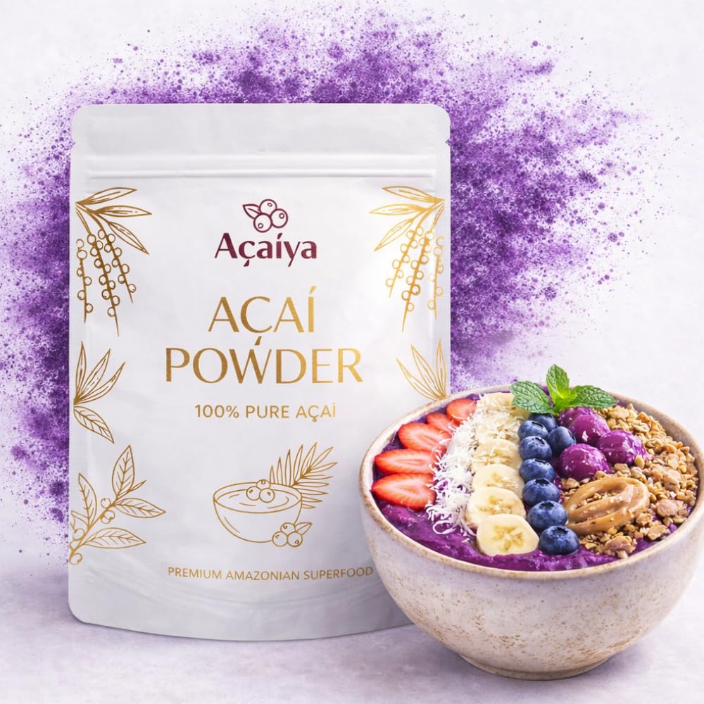Açai Powder ◕ 100g ◕ 100% Czysty naturalny proszek Açai ◕ Jakość premium - klasa A ◕ Bez dodatków lub barwników ◕ Wegańskie i bezglutenowe ◕ Idealny do napojów, ciast i miski acai