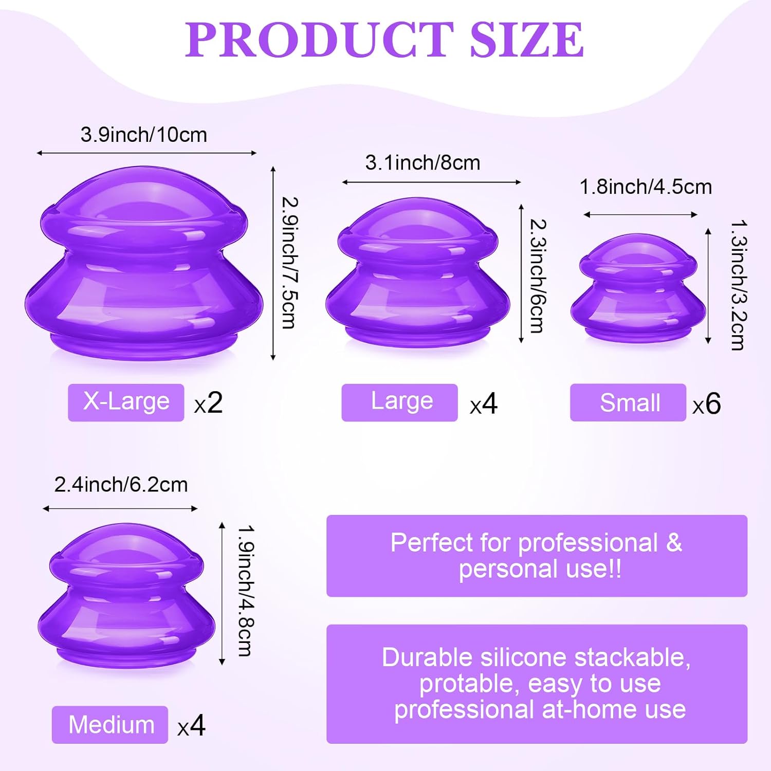 Geiserailie 16 Pcs 4 Sizes Cupping Therapy Set Silicone Cupping Massage Cups Professional Chinese Therapy Cup Vacuum for Body Muscle Nerve(Purple) - Image 2